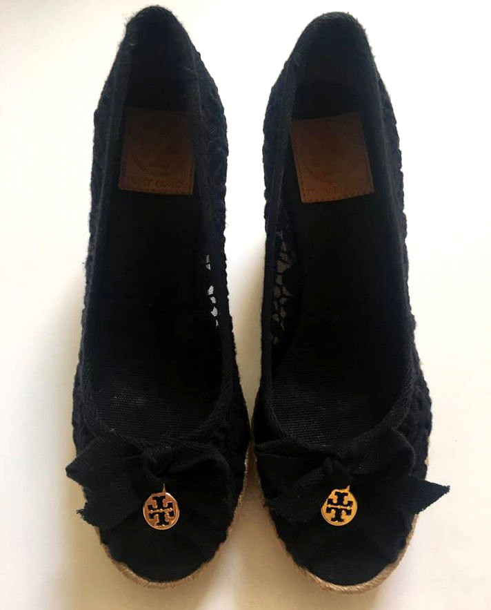 Tory Burch Jackie Wedge Espadrille Size 7.5 Black Lace Sandal Logo e49efb Tory Burch Jackie Wedge Espadrille Size 7.5 Black Lace Sandal Logo e49efb
