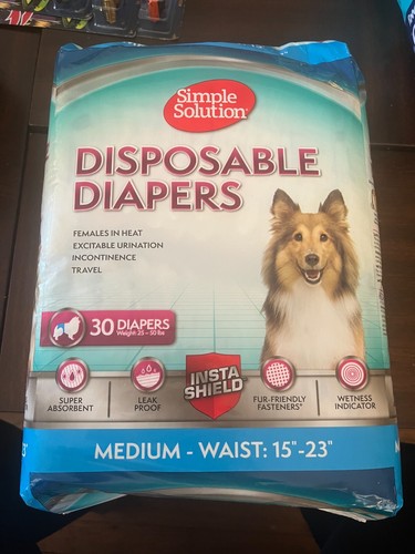 Simple Solutions Dog Disposable Diapers 30 Count Leak Proof Medium Waist 15"-23" - Picture 2 of 2