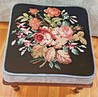 Vintage Maitland-Smith Carved Mahogany Foot Stool Floral Needlepoint Tapestry