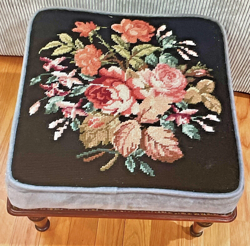 Vintage Maitland-Smith Carved Mahogany Foot Stool Floral Needlepoint Tapestry