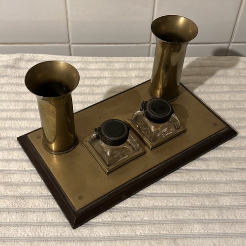 Antique Inkwell Desk Set With Glass Wells Brass & Bakelite Art Deco - Needs TLC! - Picture 10 of 24