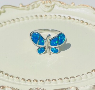 Blue Synthetic Opal Ring Round Shape Bead Design Band Sterling Silver Blue Synthetic Opal Ring Round Shape Bead Design Band Sterling Silver