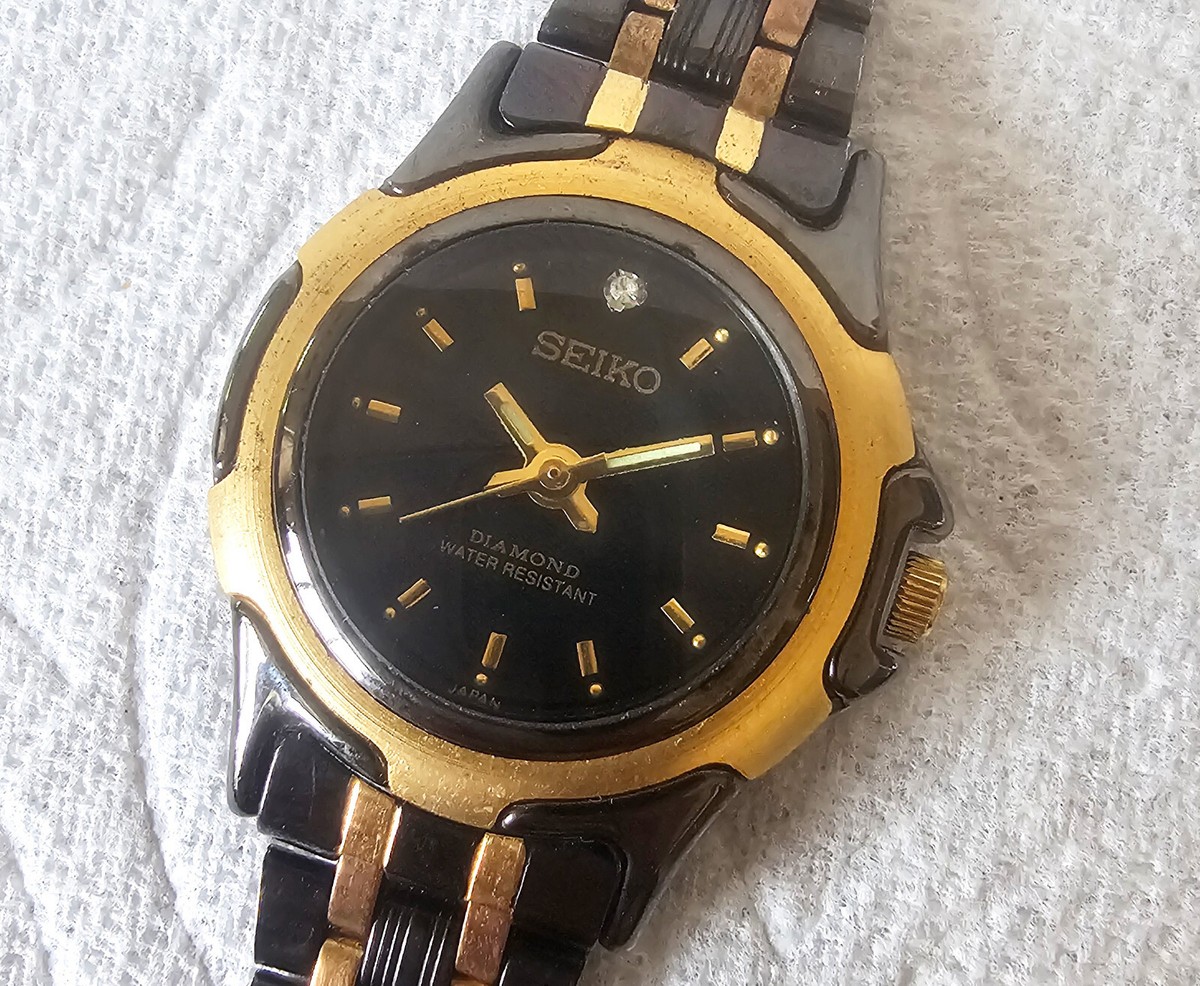 SEIKO Womens Diamond Series Watch, Black/Gold, 18K Gold Plated