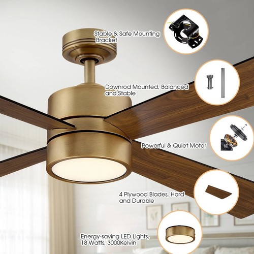 52" Industrial Ceiling Fan LED Light Reversible 4 Blade Oil Antique Brass - Picture 9 of 13