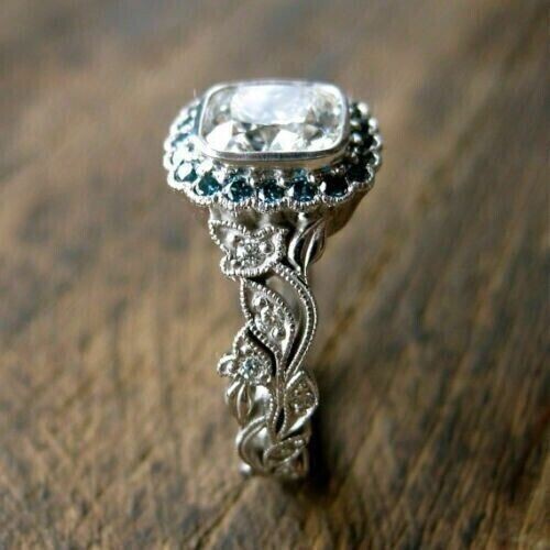 2Ct Cushion Cut Simulated Diamond Engagement Ring 14k White Gold Plated - Picture 3 of 4