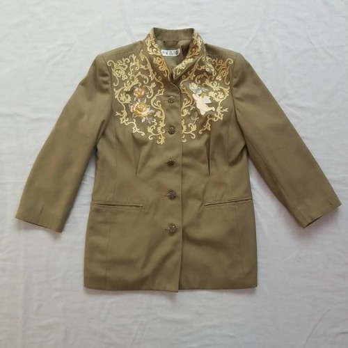 Gold Embroidery Blazer Together Jacket Mandarin Collar Olive Cherub Rose UK 16 - Picture 3 of 18