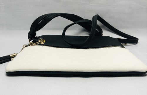 Color Block Black & White Shoulder Bag Crossbody Purse Adjustable Strap Tassels - Picture 4 of 6