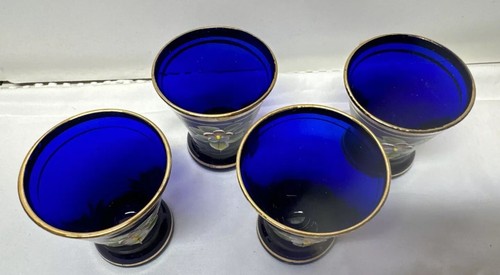 4 Vintage Cute Cobalt Blue Gold Gild Hand-Painted Flowers Shot Glass - Picture 2 of 11