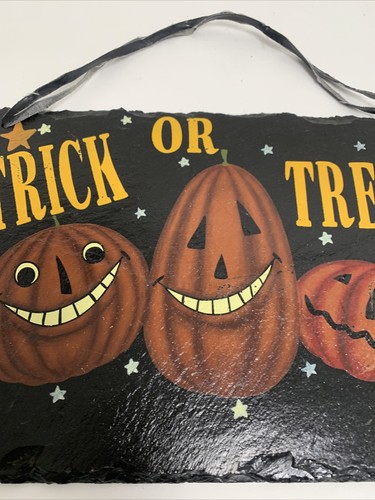 Hand Painted Halloween Jack-o-Lantern Slate Roof Tile Art Wall Hanging Trick Or - Picture 3 of 9