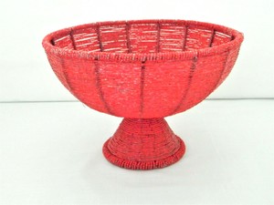 Vintage-Beaded-Basket-Bowl-Footed-Metal-Framed-Red-Color