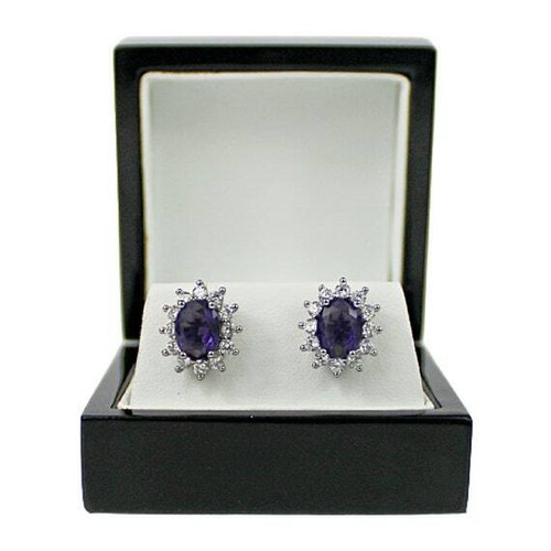 WHITE GOLD FINISH Purple Amethyst Oval Cut Created Diamond Cluster Stud Earrings - Picture 5 of 6