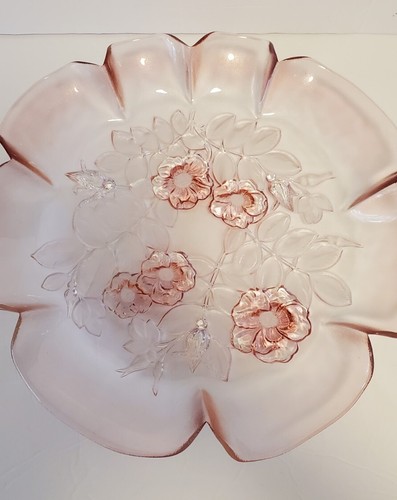 VINTAGE MIKASA ROSA ROSELLA BORDO ARRUFFATO CRISTALLO ROSE VASSOIO DECORAZIONE CIOTOLA SET DI 3 - Foto 3 di 13