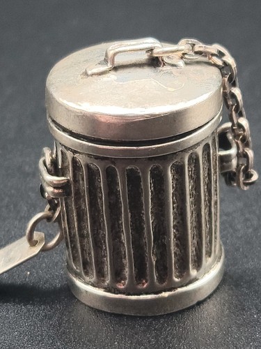 Miniature Sterling Silver Trash Can Form Heavy Box Antique Rare & Amazing - Picture 3 of 10