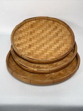 Hand-Woven Basket Oval Shape Serving Tray 11" Tan Wicker Set of 3