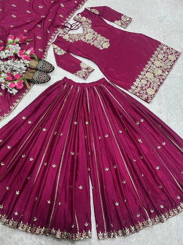 Schweres Chinnon Seidentop und Palazzo im indischen Stil mit Dupatta für Hochzeitskleidung - Bild 8 von 13