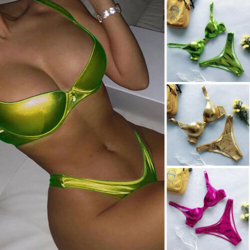 Damen Sexy Metallic Push Up Bikini Brasilianische Bademode Gold Silber Badeanzüge - Bild 21 von 28