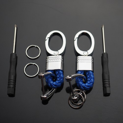2pcs Blue & Silver Woven Leather Fob D-Ring Keychain Key Split Rings Holder Clip - Picture 2 of 3