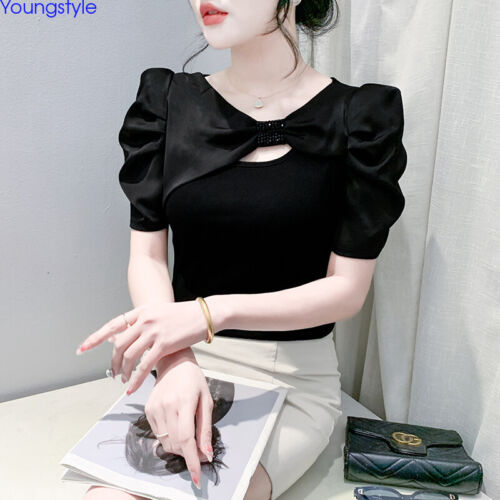 Korean Womens Puff Sleeve Beaded Summer Slim Party Cocktail Tops Blouse Shirts - Picture 3 of 20