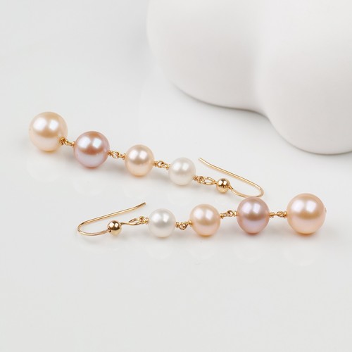 Orecchini di perle FW multicolore 5,7-8,2 mm in oro giallo 14 carati con gancio pieno,2,1" fatti a mano - Foto 3 di 6