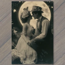 Art Print  Moonlit Embrace Couple Classic Love Nostalgic Starry Night Romantic