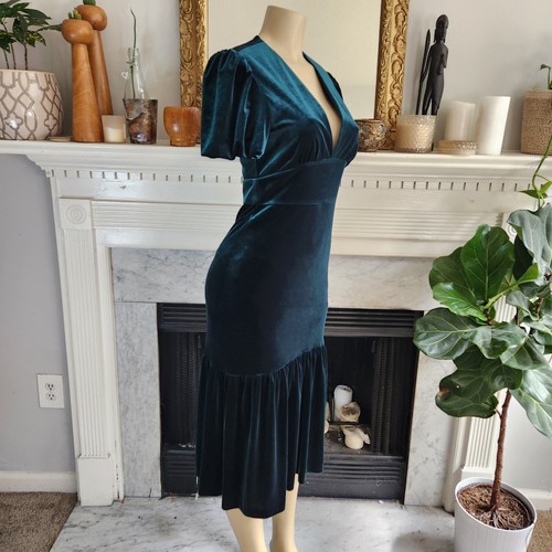 Vestido Sirena Terciopelo Verde Midi Volantes Sumérgete Vacaciones Cóctel Talla 4 - Imagen 6 de 12