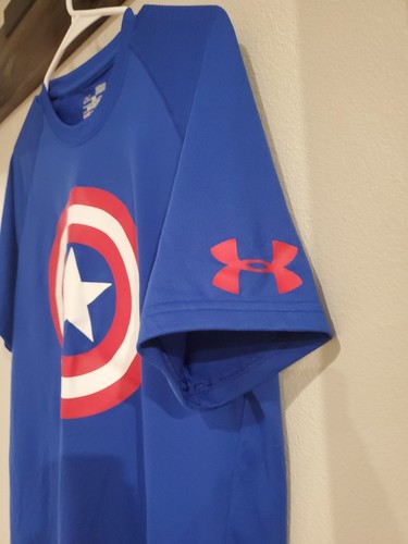 Under Armour Captain America Shirt Men's Medium Blue Red Graphic Marvel HeatGear - Picture 3 of 7