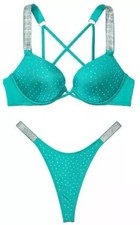 Victoria's Secret Shine Strap Swim Thong Bombshell 2-cups Push-up Set Sea 34A