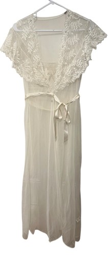 Vintage 70s Val Mode Womens Peignoir Nightgown Set Sz Petite Or S Cream Sheer - Picture 7 of 20