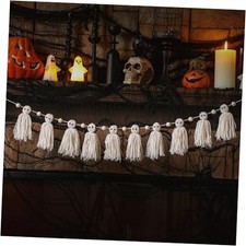 Halloween Tassel Garland with Wood Beads Halloween Cute Rustic Ghost White