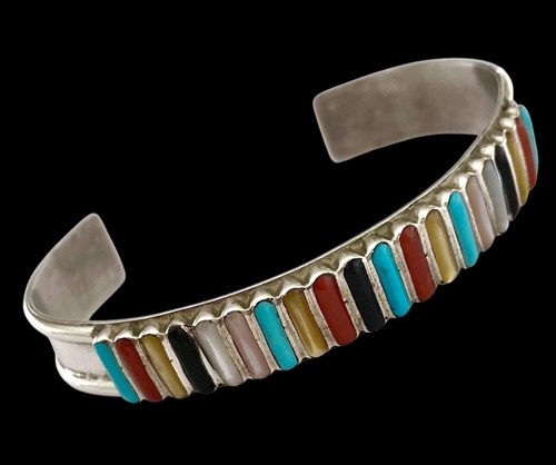 VINTAGE ZUNI~LUCY SHEKYASterling NEEDLEPOINT MULTI GEMSTONE Cuff Bracelet - Picture 2 of 11