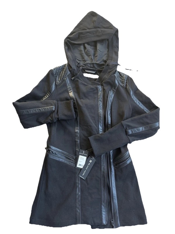 NWT NEWBLANC Noir Traveler Black Jacket Faux Leather Trim Hip Length S SM SMALL