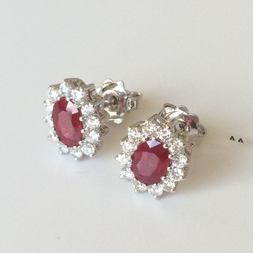 Elegant 18K White Gold Halo Earrings | Oval Rubies & White Diamonds - Picture 3 of 7