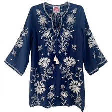 Johnny Was NWT Kimono Slv A Line Shift Dress Sz S Navy Blue Linen Embroidered