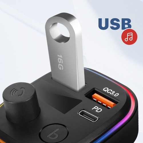 Trasmettitore FM Bluetooth con caricatore da auto USB QC 3.0 e USB-C 18W C2 nero - Zdjęcie 3 z 6