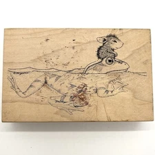 House Mouse Frog Floating Stampa Rosa 1998 Rubber Stamp Wood Mounted