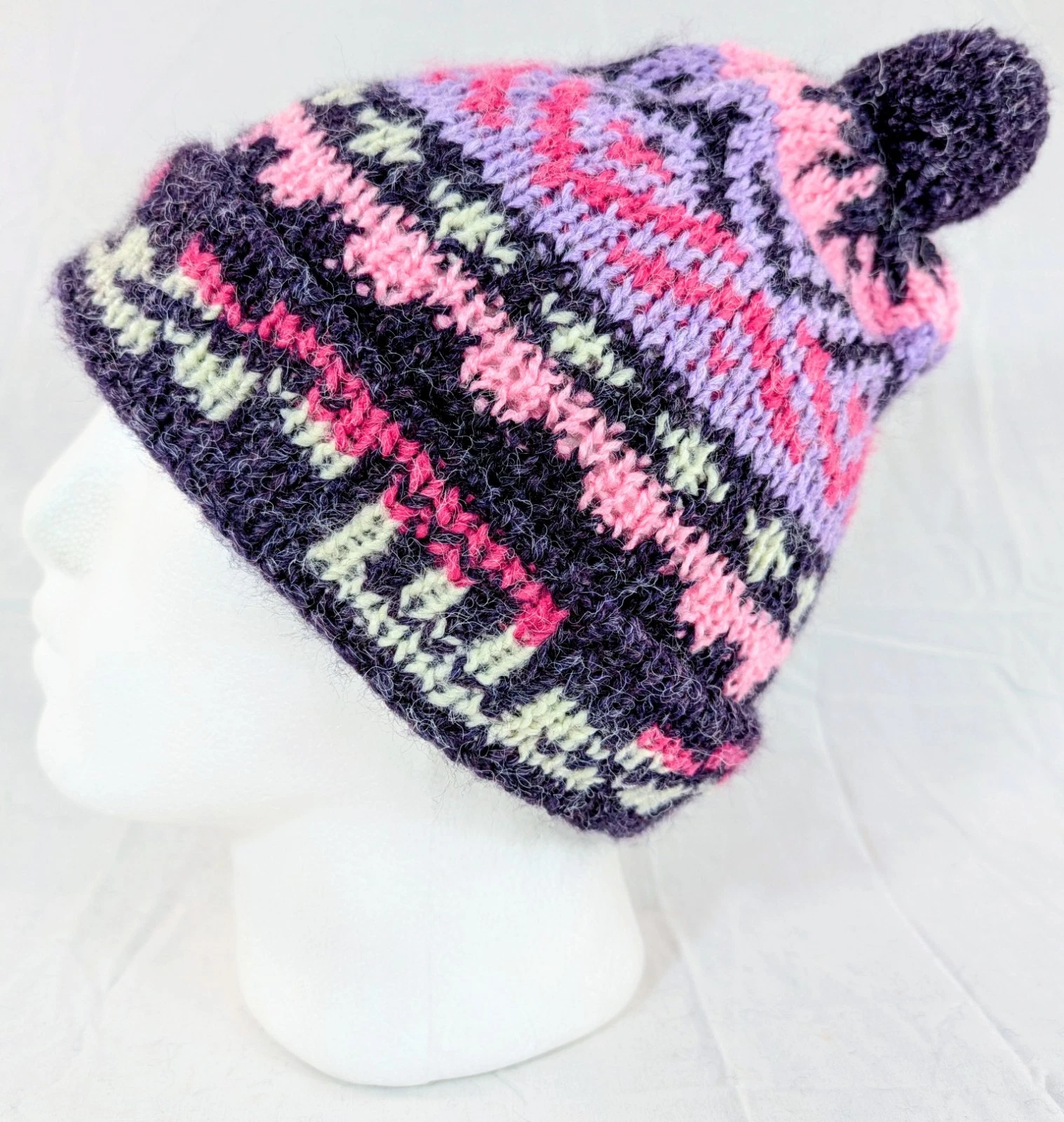 Colorful Soft Alpaca Beanie Pom Pom Handmade Purple Unisex Boho Peru