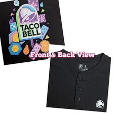 Taco Bell T Shirt Mens Size L Black Henley Pop Art Graphic Tee Employee Uniform 