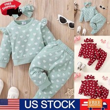 Newborn Baby Girl Clothes Outfit Long Sleeve Heart Print Tops Pants Headband Set