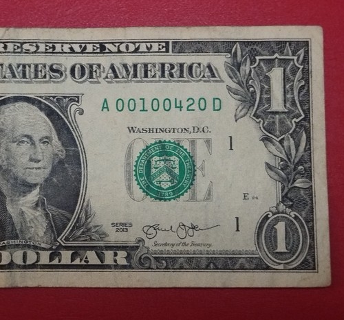 $1 One Dollar Bill Fancy Serial Number A00100420D Series 2013
