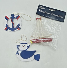 Vintage Wooden Boat Ornaments Nautical Christmas Decor Lot of 3 Sailboat