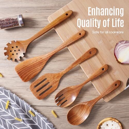 Wooden Spoons for Cooking Natural Teak Wooden Kitchen Utensils Set Wooden - Picture 7 of 8