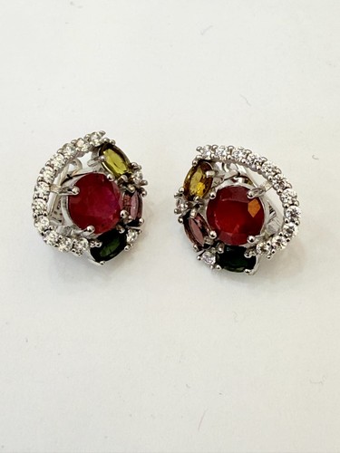 Ruby studs ear ring with Multi color tourmaline - Picture 4 of 4