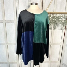 Vintage 90’s Velour Color Block Green Blue Black Top Shirt Plus Size 22 / 24