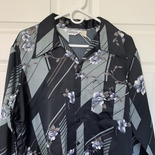 Made In California Men’s XL Black Gray Sateen Floral Long Sleeve Button Shirt - Picture 2 of 9