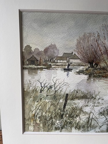 VINTAGE AQUARELL R HAROT FRANZÖSISCHER KÜNSTLER LANDSCHAFT TEICH MANN BOOT LANDSCHAFT - Bild 4 von 14