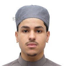 Muslim Kufi Hat  Dark Grey Tall Madinah Embroidered Fabric Islamic Prayer Cap