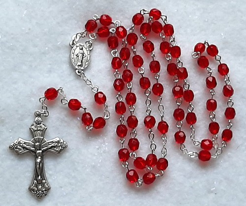 La Petit Red Czech Crystal Rosary Silver Finish - Picture 2 of 5