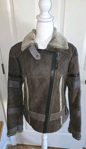 Slye & Co Travel Wear Leather Moto Zip Jacket Large Faux Fur Limited Knit Funky