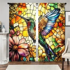 2Pcs Stained Glass Hummingbird Floral Window Curtains Colorful Bird Drapes