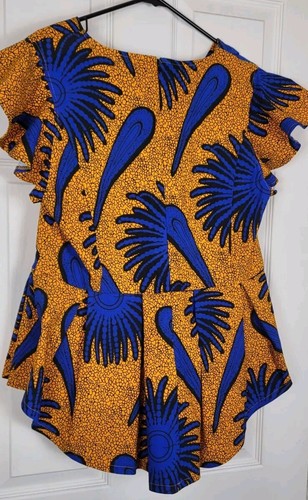 D’IYANU Women’s Blue Gold AFRICAN Ethnic Print ZERA Peplum Top Stretch Size XXL - Picture 4 of 6